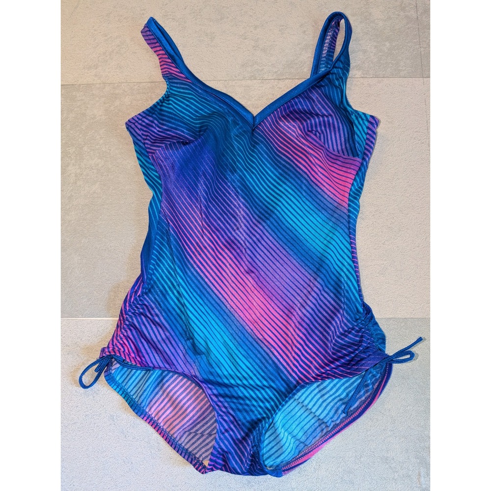 Vintage Robby Len 80s One Piece Swimsuit USA Made ILGWU Ruched Stripe Size 14